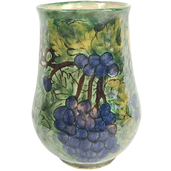 Talavera Pottery Vase La Corona Tlaxcala Mexico 6.75" Signed Grapes Grape Vine - Picture 2 of 9